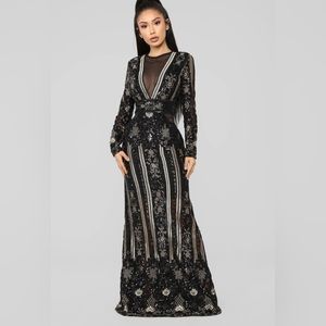 NWT Fashion Nova Black And Gold Sequins Maxi Dress Sz.M